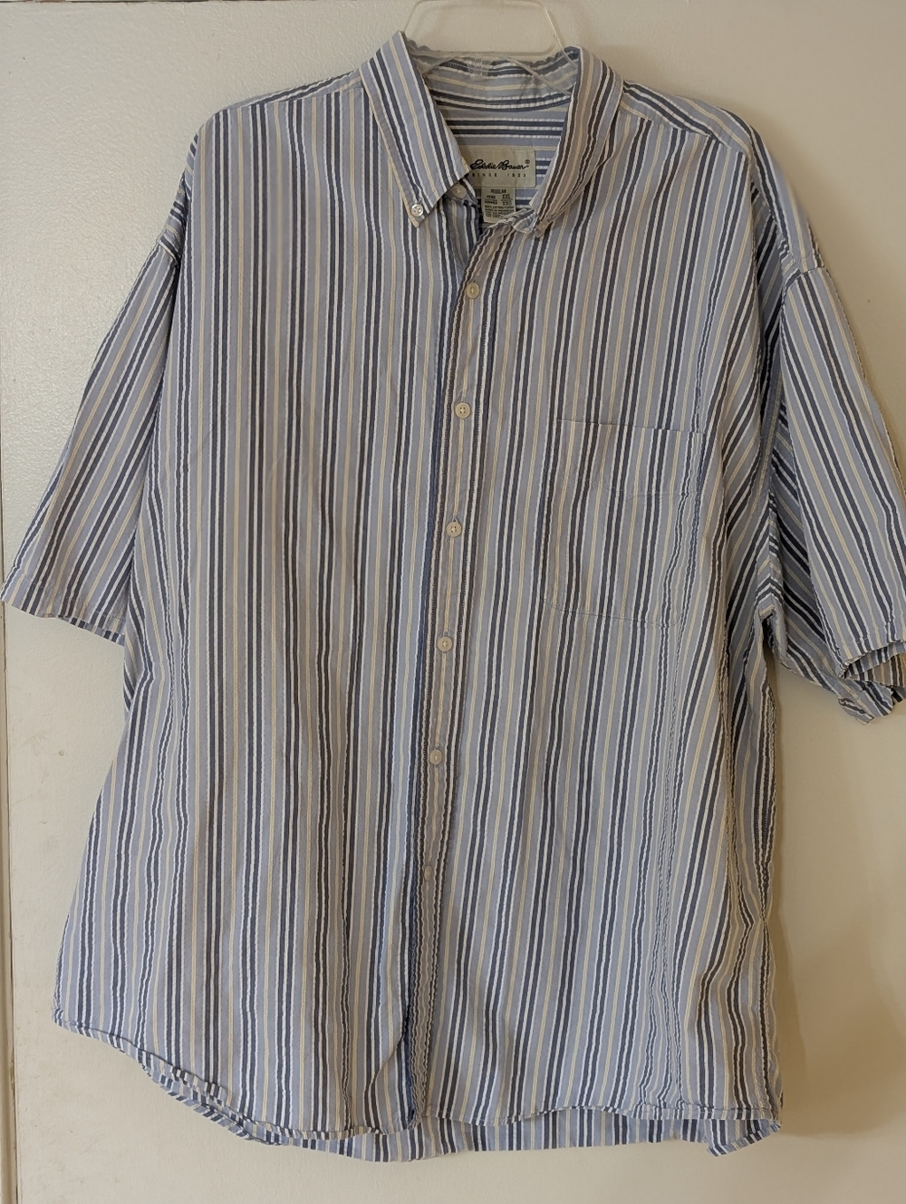 Eddie Bauer Men’s Short Sleeves Blue, White & Yellow Striped Shirt XXL